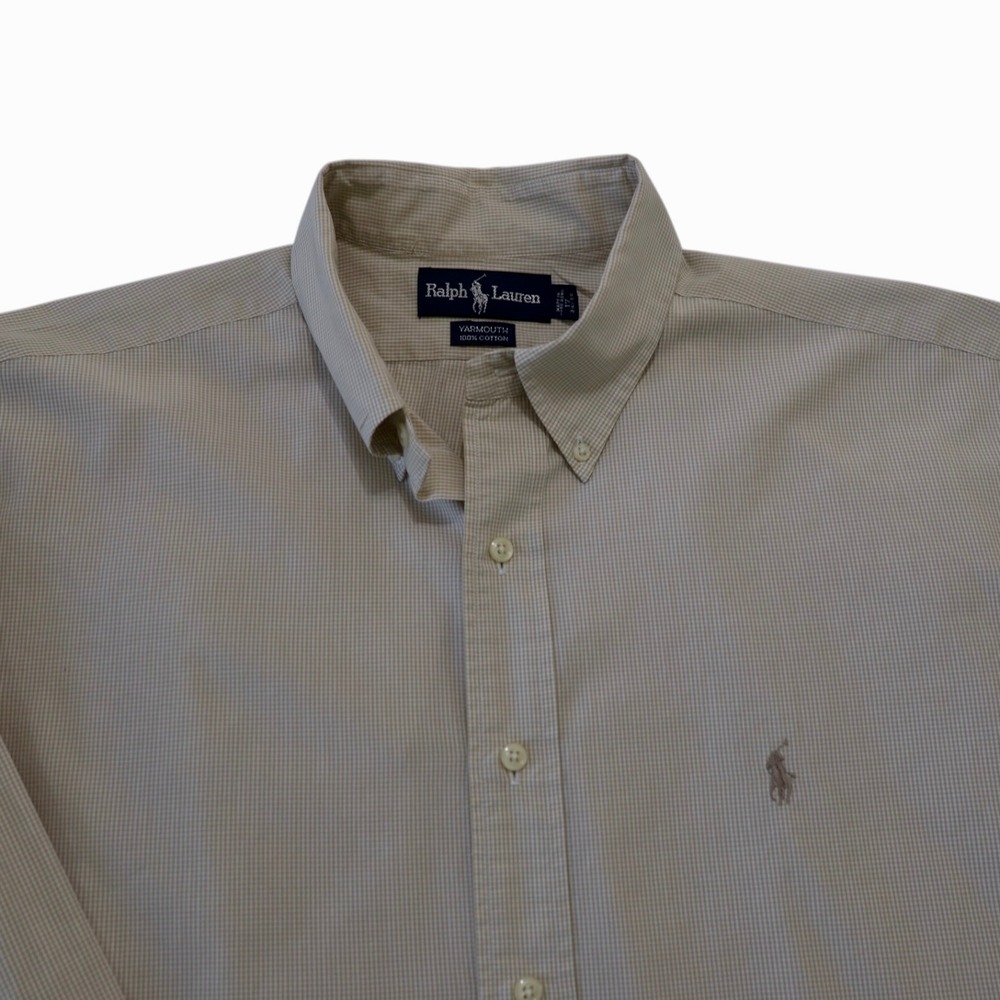 Ralph Lauren Yarmouth Mens Tan Gingham Check Cotton Button Down Shirt 17.5 34/35